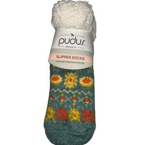PUDUS Women's Slipper Socks Blue Floral Sherpa Lined Size 5-11 NEW Comfy Soft
